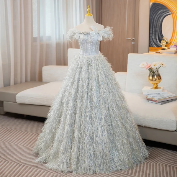 Fashion Champagne Sequins Tassel Prom Dresses 2024 Ball Gown Square Neckline Bow Short Sleeve Backless Floor-Length / Long Prom Formal Dresses