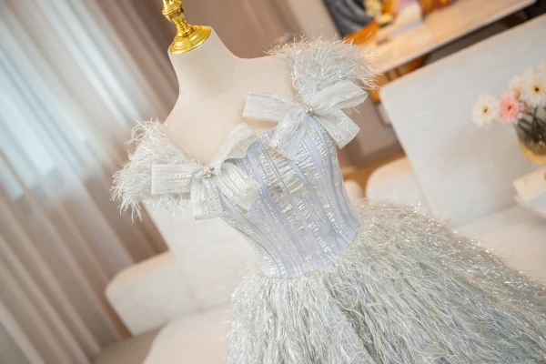 Fashion Champagne Sequins Tassel Prom Dresses 2024 Ball Gown Square Neckline Bow Short Sleeve Backless Floor-Length / Long Prom Formal Dresses