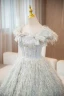 Fashion Champagne Sequins Tassel Prom Dresses 2024 Ball Gown Square Neckline Bow Short Sleeve Backless Floor-Length / Long Prom Formal Dresses