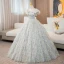 Fashion Champagne Sequins Tassel Prom Dresses 2024 Ball Gown Square Neckline Bow Short Sleeve Backless Floor-Length / Long Prom Formal Dresses