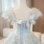 Fashion Champagne Sequins Tassel Prom Dresses 2024 Ball Gown Square Neckline Bow Short Sleeve Backless Floor-Length / Long Prom Formal Dresses