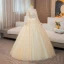 Bling Bling Champagne Perlage Paillettes Robe De Bal 2024 Robe Boule Encolure Carrée Manches Longues Dos Nu Noeud Longue Promo Robe De Ceremonie
