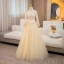 Bling Bling Champagne Perlage Paillettes Robe De Bal 2024 Robe Boule Encolure Carrée Manches Longues Dos Nu Noeud Longue Promo Robe De Ceremonie