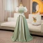 Elegant Sage Green Bow Sash Prom Dresses 2024 Ball Gown Square Neckline Puffy Short Sleeve Backless Floor-Length / Long Prom Formal Dresses