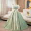 Elegant Sage Green Bow Sash Prom Dresses 2024 Ball Gown Square Neckline Puffy Short Sleeve Backless Floor-Length / Long Prom Formal Dresses