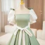 Elegant Sage Green Bow Sash Prom Dresses 2024 Ball Gown Square Neckline Puffy Short Sleeve Backless Floor-Length / Long Prom Formal Dresses