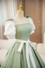Elegant Sage Green Bow Sash Prom Dresses 2024 Ball Gown Square Neckline Puffy Short Sleeve Backless Floor-Length / Long Prom Formal Dresses