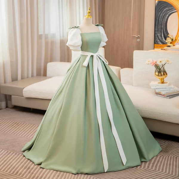 Elegant Sage Green Bow Sash Prom Dresses 2024 Ball Gown Square Neckline Puffy Short Sleeve Backless Floor-Length / Long Prom Formal Dresses