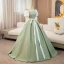 Elegant Sage Green Bow Sash Prom Dresses 2024 Ball Gown Square Neckline Puffy Short Sleeve Backless Floor-Length / Long Prom Formal Dresses
