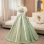Elegant Sage Green Bow Sash Prom Dresses 2024 Ball Gown Square Neckline Puffy Short Sleeve Backless Floor-Length / Long Prom Formal Dresses