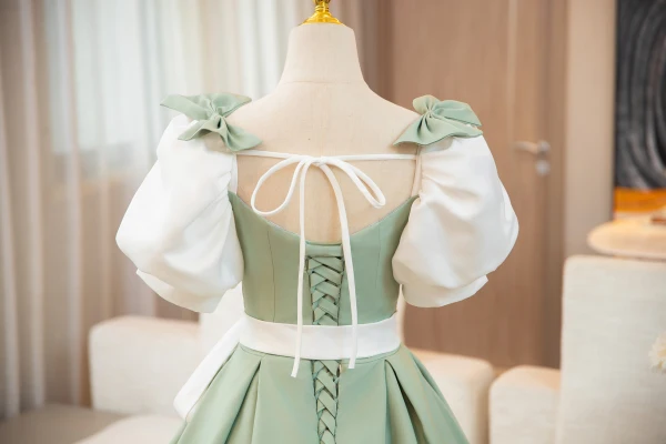 Elegant Sage Green Bow Sash Prom Dresses 2024 Ball Gown Square Neckline Puffy Short Sleeve Backless Floor-Length / Long Prom Formal Dresses