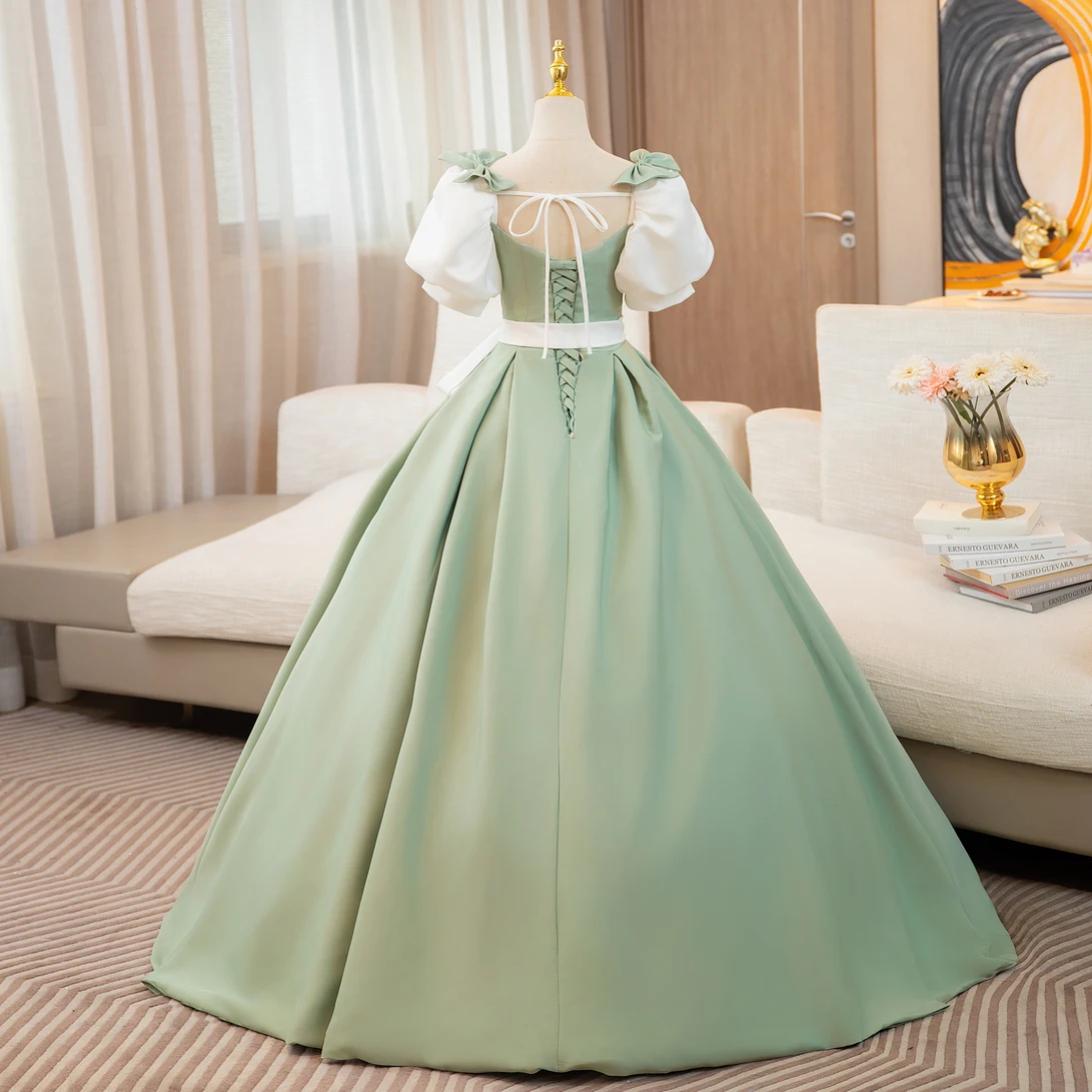 Elegant Sage Green Bow Sash Prom Dresses 2024 Ball Gown Square Neckline Puffy Short Long