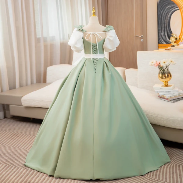 Elegant Sage Green Bow Sash Prom Dresses 2024 Ball Gown Square Neckline Puffy Short Long
