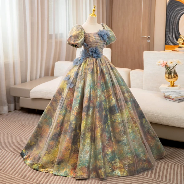 Unusual Multi-Colors Appliques Prom Dresses 2024 Ball Gown Square Neckline Puffy Short Sleeve Backless Floor-Length / Long Prom Formal Dresses