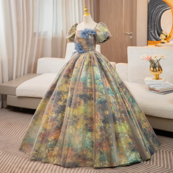 Unusual Multi-Colors Appliques Prom Dresses 2024 Ball Gown Square Neckline Puffy Short Sleeve Backless Floor-Length / Long Prom Formal Dresses