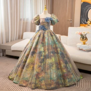 Unusual Multi Colors Appliques Prom Dresses 2024 Ball Gown Square Neckline Puffy Short Sleeve Backless Floor Length Long Prom Formal Dresses