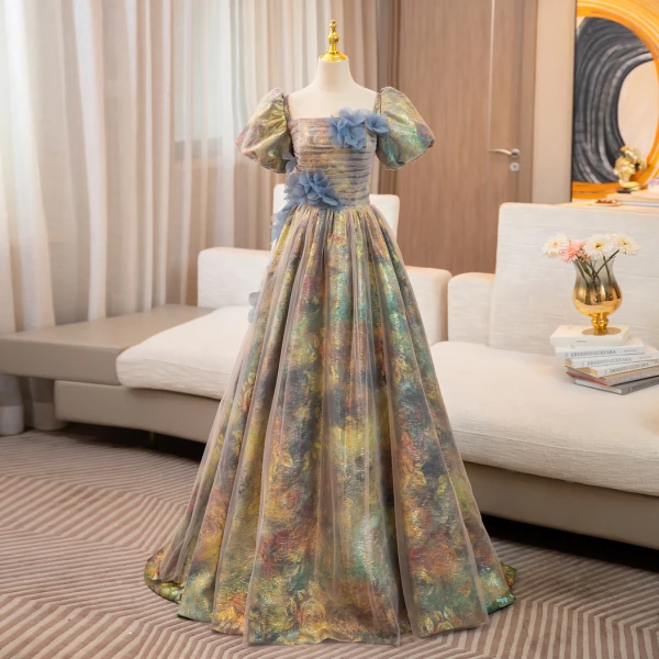 Unusual Multi-Colors Appliques Prom Dresses 2024 Ball Gown Square Neckline Puffy Short Sleeve Backless Floor-Length / Long Prom Formal Dresses
