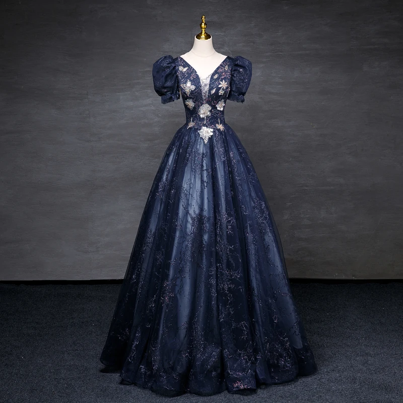 Vintage Retro Navy Blue Fall Winter Glitter Evening Dresses 2023 Ball Gown Scoop Neck