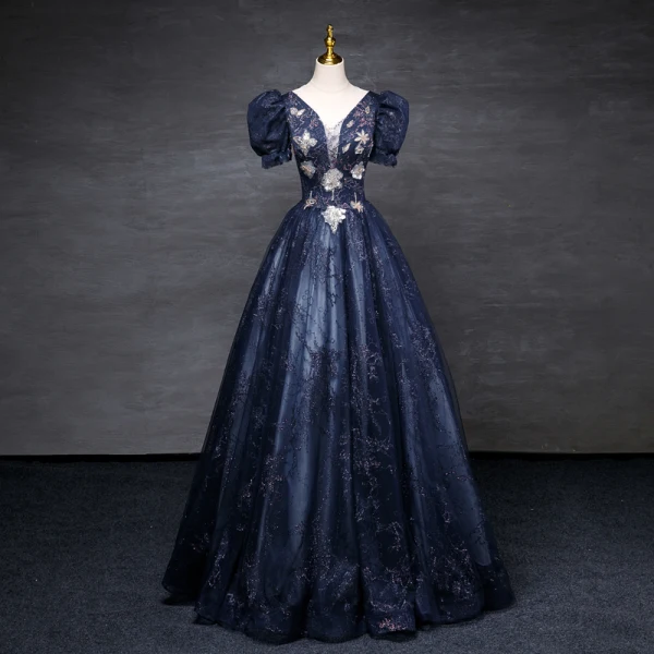 Vintage / Retro Navy Blue Fall Winter Glitter Evening Dresses  2023 Ball Gown Scoop Neck Beading Sequins Short Sleeve Backless Floor-Length / Long Evening Party Formal Dresses