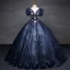 Vintage / Retro Navy Blue Fall Winter Glitter Evening Dresses  2023 Ball Gown Scoop Neck Beading Sequins Short Sleeve Backless Floor-Length / Long Evening Party Formal Dresses
