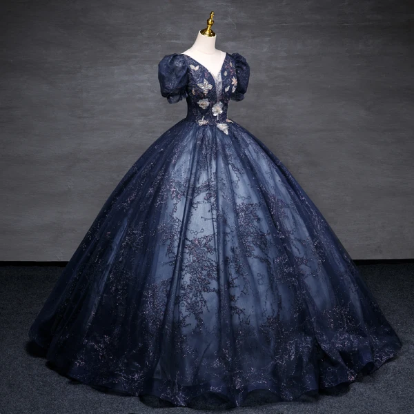 Vintage / Retro Navy Blue Fall Winter Glitter Evening Dresses  2023 Ball Gown Scoop Neck Beading Sequins Short Sleeve Backless Floor-Length / Long Evening Party Formal Dresses