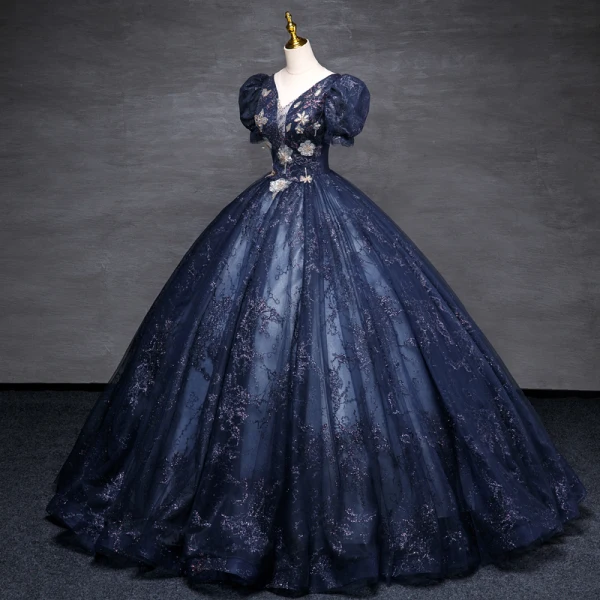 Vintage / Retro Navy Blue Fall Winter Glitter Evening Dresses  2023 Ball Gown Scoop Neck Beading Sequins Short Sleeve Backless Floor-Length / Long Evening Party Formal Dresses