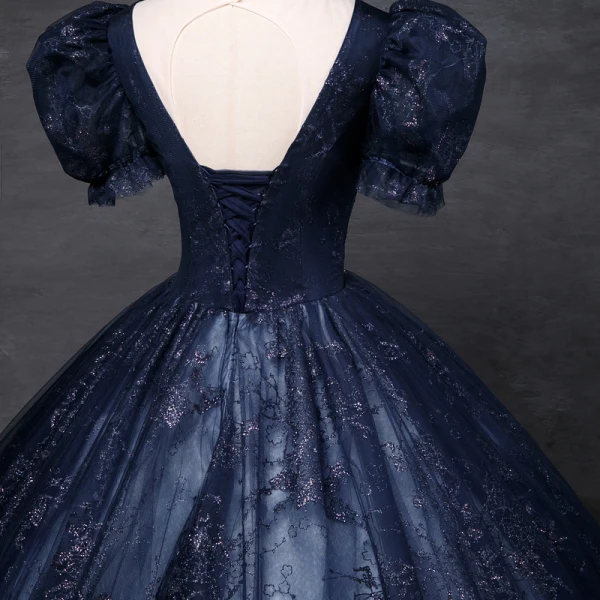 Vintage / Retro Navy Blue Fall Winter Glitter Evening Dresses  2023 Ball Gown Scoop Neck Beading Sequins Short Sleeve Backless Floor-Length / Long Evening Party Formal Dresses