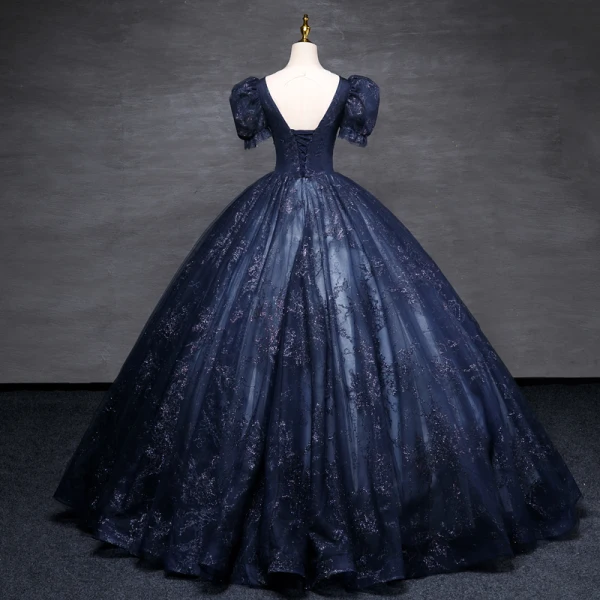 Vintage / Retro Navy Blue Fall Winter Glitter Evening Dresses  2023 Ball Gown Scoop Neck Beading Sequins Short Sleeve Backless Floor-Length / Long Evening Party Formal Dresses