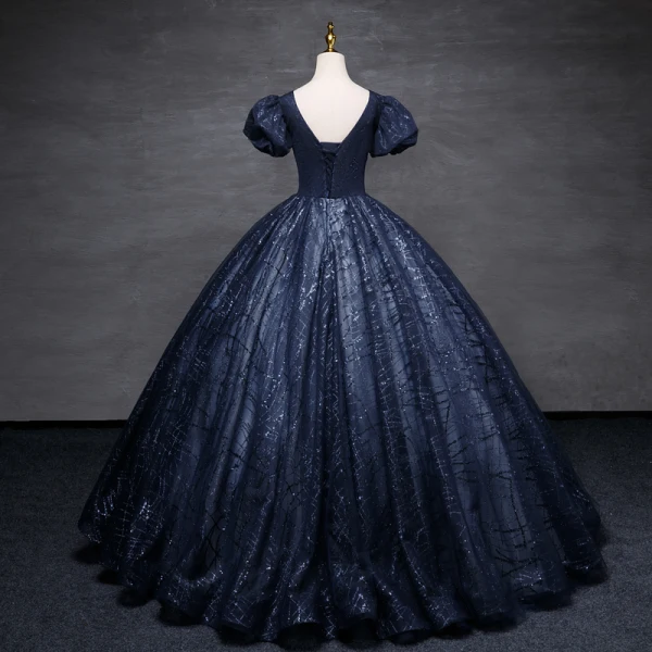 Vintage / Retro Navy Blue Beading Sequins Prom Dresses Ball Gown 2023 V-Neck Puffy Short Sleeve Backless Tassel Floor-Length / Long Prom Formal Dresses