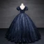 Vintage / Retro Navy Blue Beading Sequins Prom Dresses Ball Gown 2023 V-Neck Puffy Short Sleeve Backless Tassel Floor-Length / Long Prom Formal Dresses