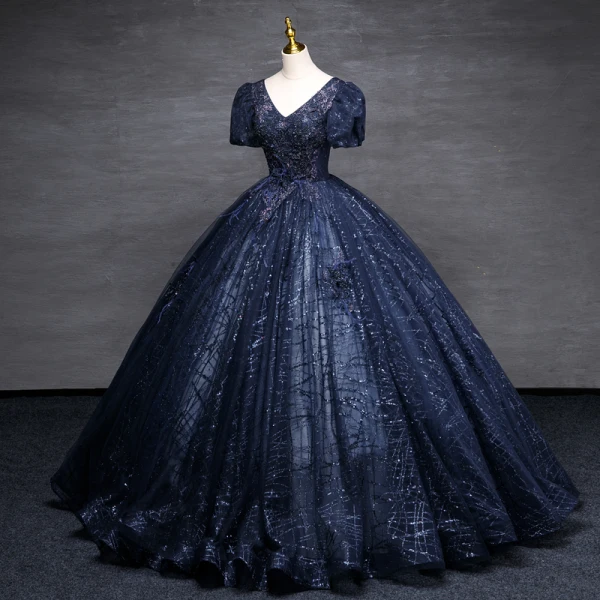 Vintage / Retro Navy Blue Beading Sequins Prom Dresses Ball Gown 2023 V-Neck Puffy Short Sleeve Backless Tassel Floor-Length / Long Prom Formal Dresses