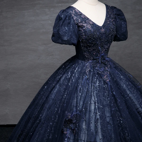 Vintage / Retro Navy Blue Beading Sequins Prom Dresses Ball Gown 2023 V-Neck Puffy Short Sleeve Backless Tassel Floor-Length / Long Prom Formal Dresses
