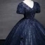 Vintage / Retro Navy Blue Beading Sequins Prom Dresses Ball Gown 2023 V-Neck Puffy Short Sleeve Backless Tassel Floor-Length / Long Prom Formal Dresses