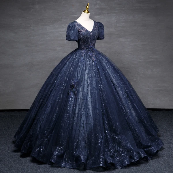 Vintage / Retro Navy Blue Beading Sequins Prom Dresses Ball Gown 2023 V-Neck Puffy Short Sleeve Backless Tassel Floor-Length / Long Prom Formal Dresses
