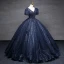 Vintage / Retro Navy Blue Beading Sequins Prom Dresses Ball Gown 2023 V-Neck Puffy Short Sleeve Backless Tassel Floor-Length / Long Prom Formal Dresses