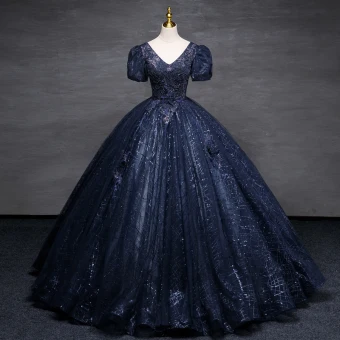 Vintage Originale Bleu Marine Perlage Paillettes Robe De Bal Robe Boule 2023 V Cou Gonflée Manches Courtes Dos Nu Gland Longue Promo Robe De Ceremonie