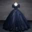 Vintage / Retro Navy Blue Beading Sequins Prom Dresses Ball Gown 2023 V-Neck Puffy Short Sleeve Backless Tassel Floor-Length / Long Prom Formal Dresses