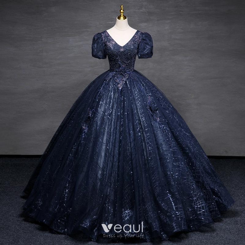 V Neck Blue Beading Puffy Sleeves Prom Dress V Neck Blue Beading Puffy Sleeves Prom Dress