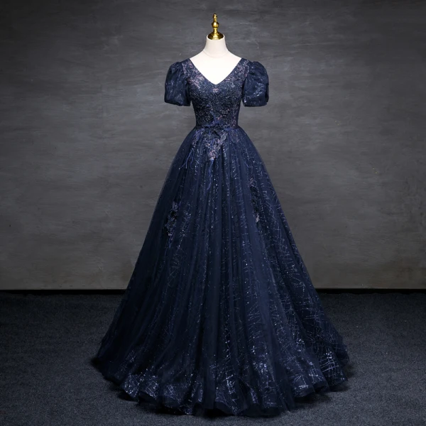 Vintage / Retro Navy Blue Beading Sequins Prom Dresses Ball Gown 2023 V-Neck Puffy Short Sleeve Backless Tassel Floor-Length / Long Prom Formal Dresses