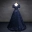 Vintage / Retro Navy Blue Beading Sequins Prom Dresses Ball Gown 2023 V-Neck Puffy Short Sleeve Backless Tassel Floor-Length / Long Prom Formal Dresses
