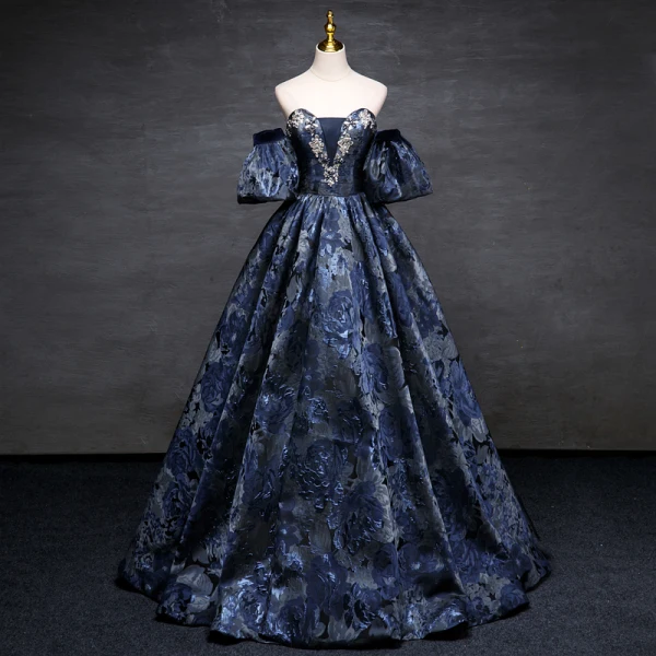 Vintage / Retro Navy Blue Printing Prom Dresses Ball Gown 2023 Strapless Puffy Short Sleeve Backless Floor-Length / Long Prom Formal Dresses