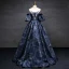 Vintage / Retro Navy Blue Printing Prom Dresses Ball Gown 2023 Strapless Puffy Short Sleeve Backless Floor-Length / Long Prom Formal Dresses