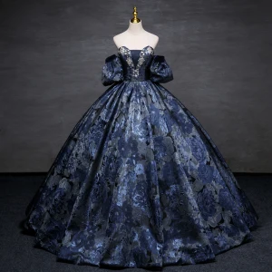 Vintage Originale Bleu Marine Impression Robe De Bal Robe Boule 2023 Bustier Gonflée Manches Courtes Dos Nu Longue Promo Robe De Ceremonie