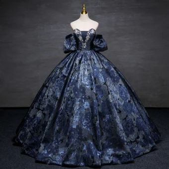 Vintage Originale Bleu Marine Impression Robe De Bal Robe Boule 2023 Bustier Gonflée Manches Courtes Dos Nu Longue Promo Robe De Ceremonie