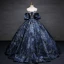 Vintage / Retro Navy Blue Printing Prom Dresses Ball Gown 2023 Strapless Puffy Short Sleeve Backless Floor-Length / Long Prom Formal Dresses