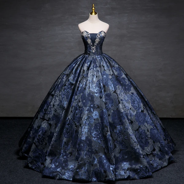 Vintage / Retro Navy Blue Printing Prom Dresses Ball Gown 2023 Strapless Puffy Short Sleeve Backless Floor-Length / Long Prom Formal Dresses