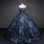 Vintage / Retro Navy Blue Printing Prom Dresses Ball Gown 2023 Strapless Puffy Short Sleeve Backless Floor-Length / Long Prom Formal Dresses