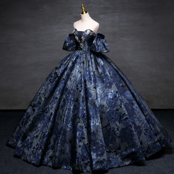 Vintage / Retro Navy Blue Printing Prom Dresses Ball Gown 2023 Strapless Puffy Short Sleeve Backless Floor-Length / Long Prom Formal Dresses