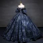 Vintage / Retro Navy Blue Printing Prom Dresses Ball Gown 2023 Strapless Puffy Short Sleeve Backless Floor-Length / Long Prom Formal Dresses