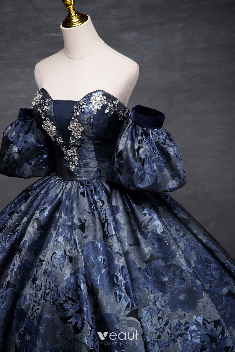Vintage Retro Navy Blue Printing Prom Dresses Ball Gown 2023 Strapless  Puffy Short Sleeve Backless Floor Length Long Prom Formal Dresses